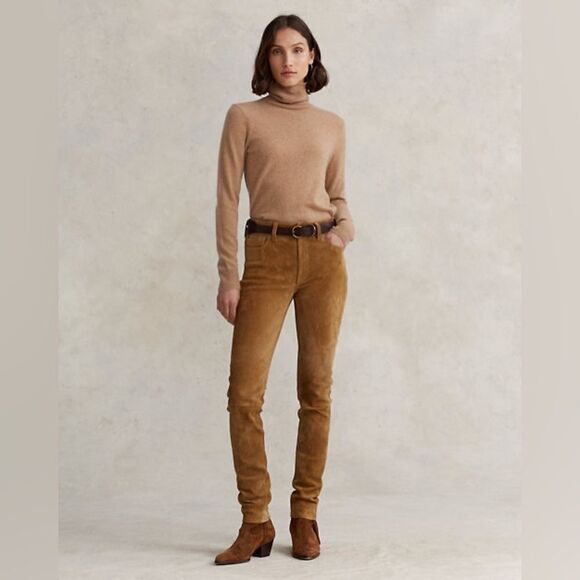 Polo Ralph Lauren Suede Cow Leather Tan Pants Skinny Stretch Trouser Size 8 - Picture 3 of 11